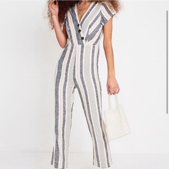 Urban Outfitters | Linen Blend Surplice Jumpsuit | Striped Button Front - Picture 9 of 9